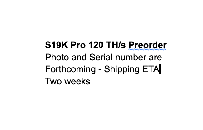 $.075 Hosting - NEW Bitmain Antminer S19K Pro 120 Th/s - Serial# YNAHAEABCJIBI001S Preorder